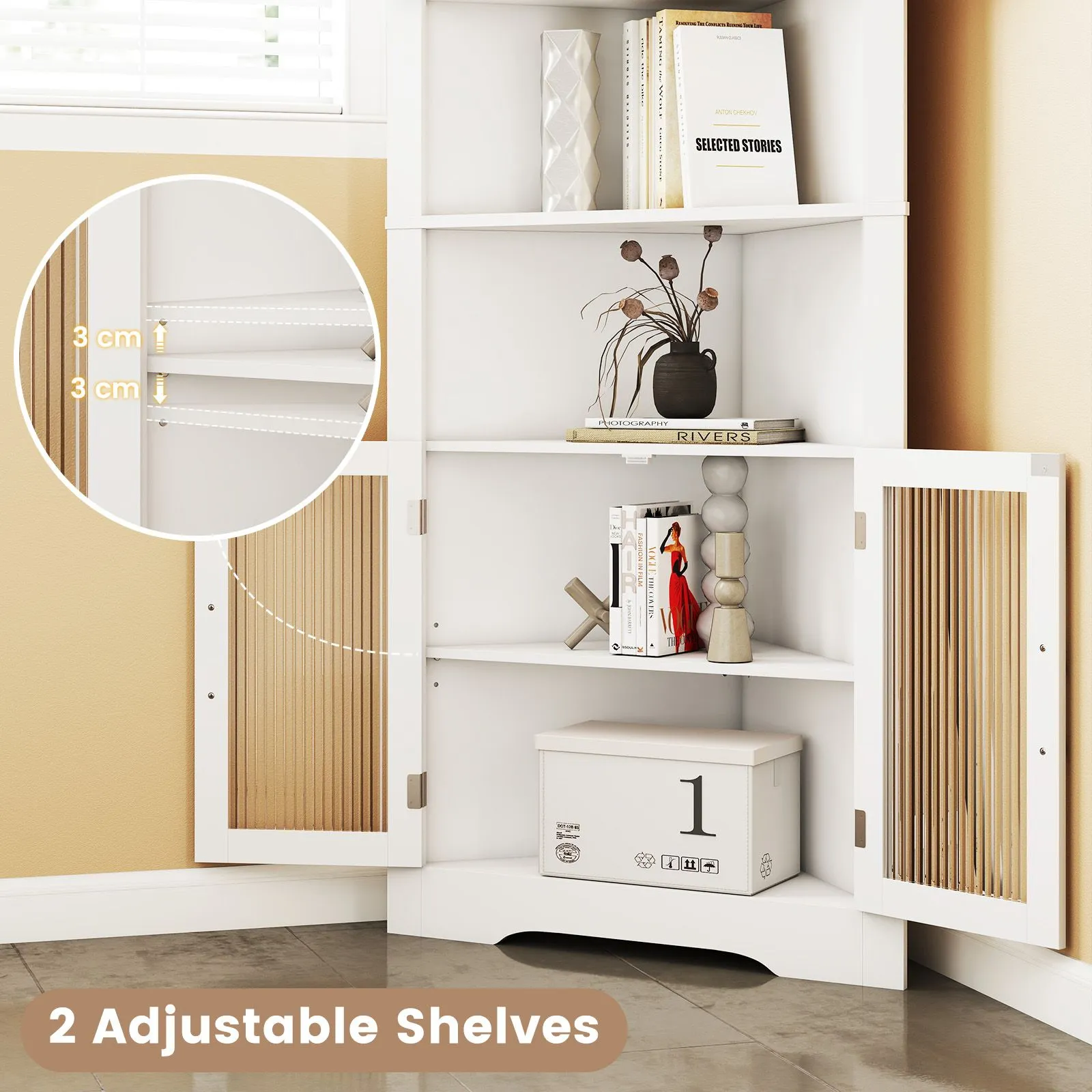 Costway Wooden 171cm Tall Corner Cabinet Corner Triangular Buffet Cabinet in White 5