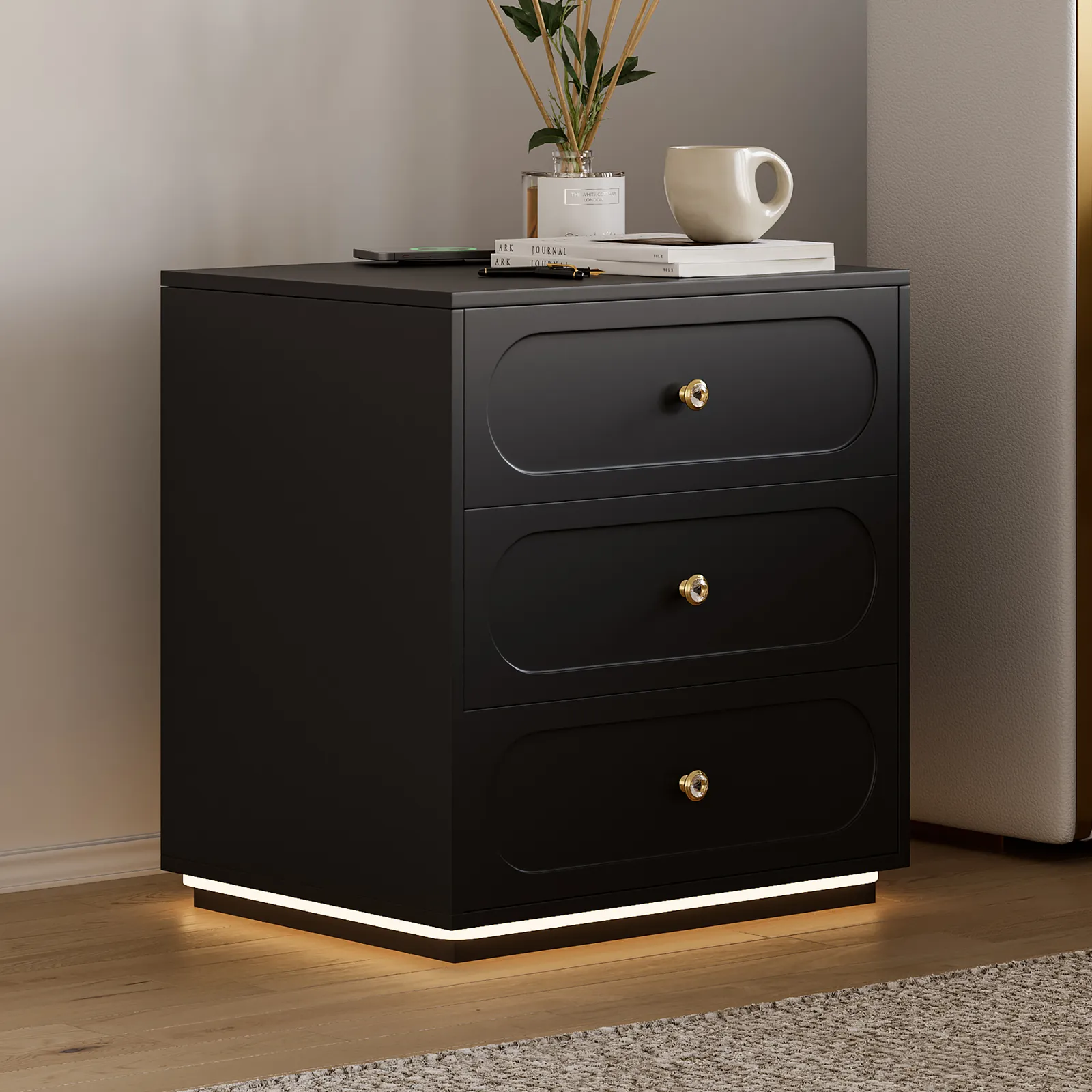 Modern Smart Nightstand with Light 2 Drawer Bedside Table with Charging Station  Set of 2