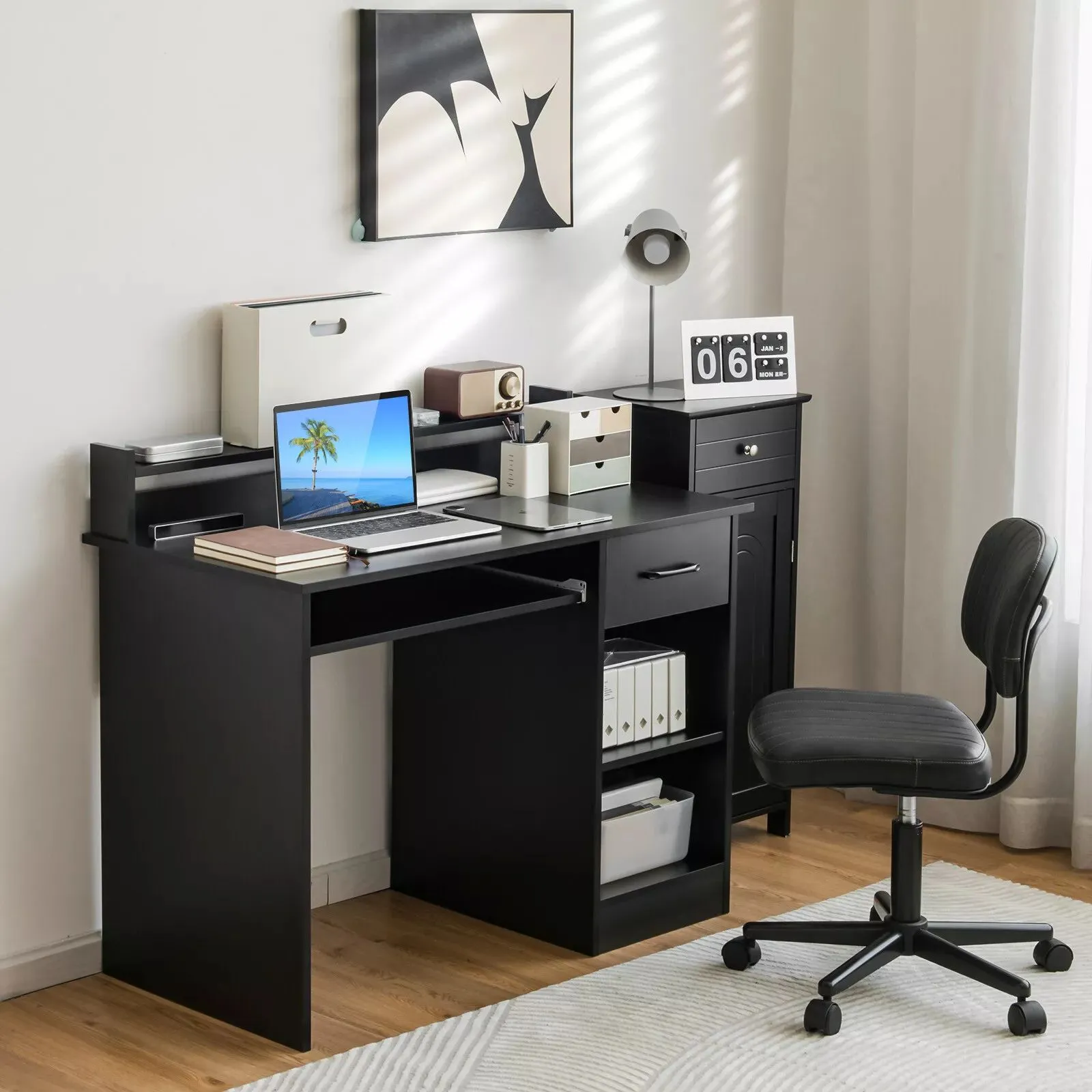 Costway Wooden Computer Desk W/ Keyboard Tray Writing Workstation Vanity Dressing Table in Black 3
