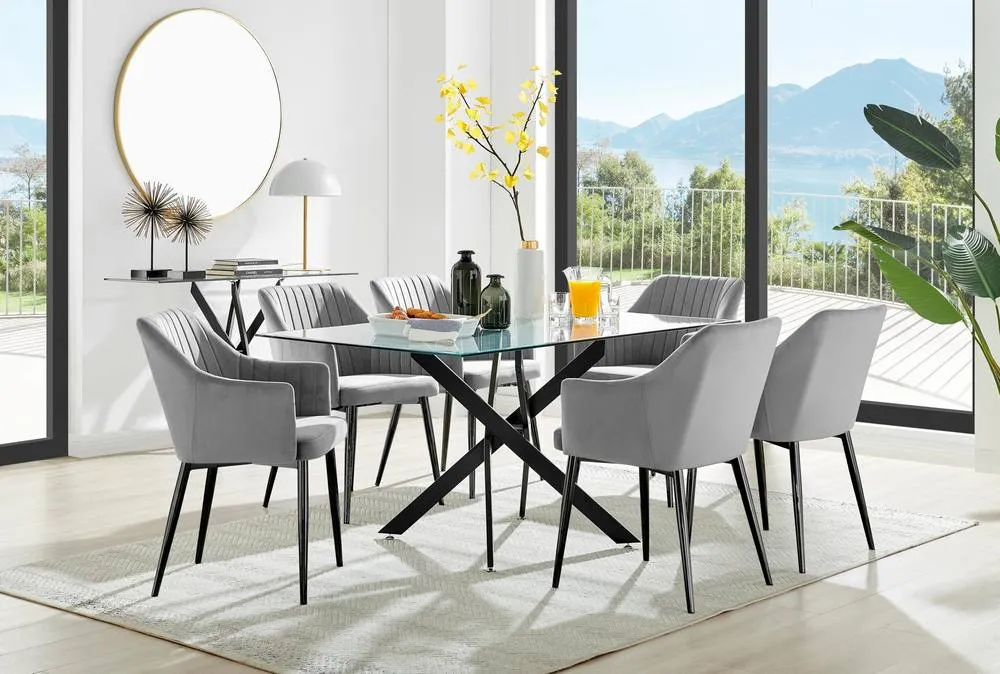 FurnitureboxUK Leonardo Black Leg Glass Dining Table & 6 Grey Calla Black Leg Chairs