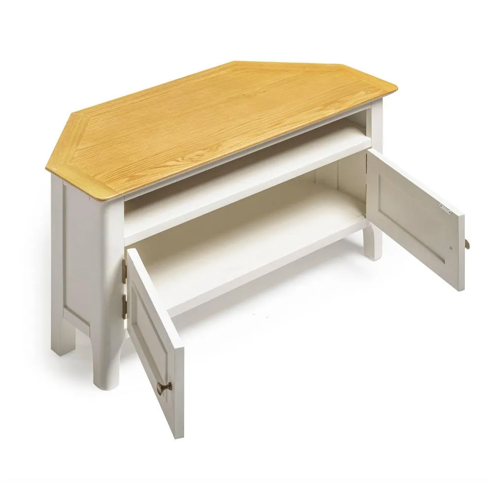 FurnitureboxUK Belle Solid Oak Wood & Cream Corner TV Stand 4