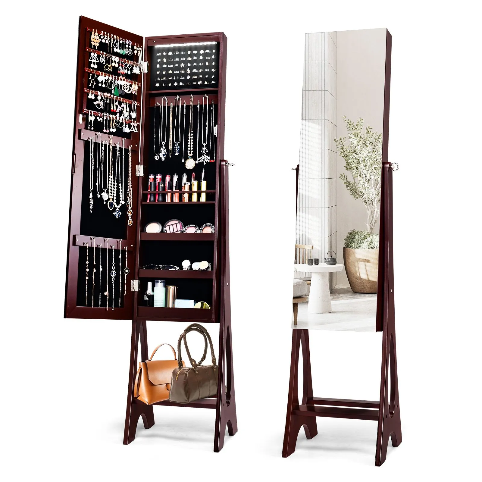 Costway Freestanding Mirror Jewelry Cabinet Organizer W/ Full Length Mirror Built-in LED in Brown