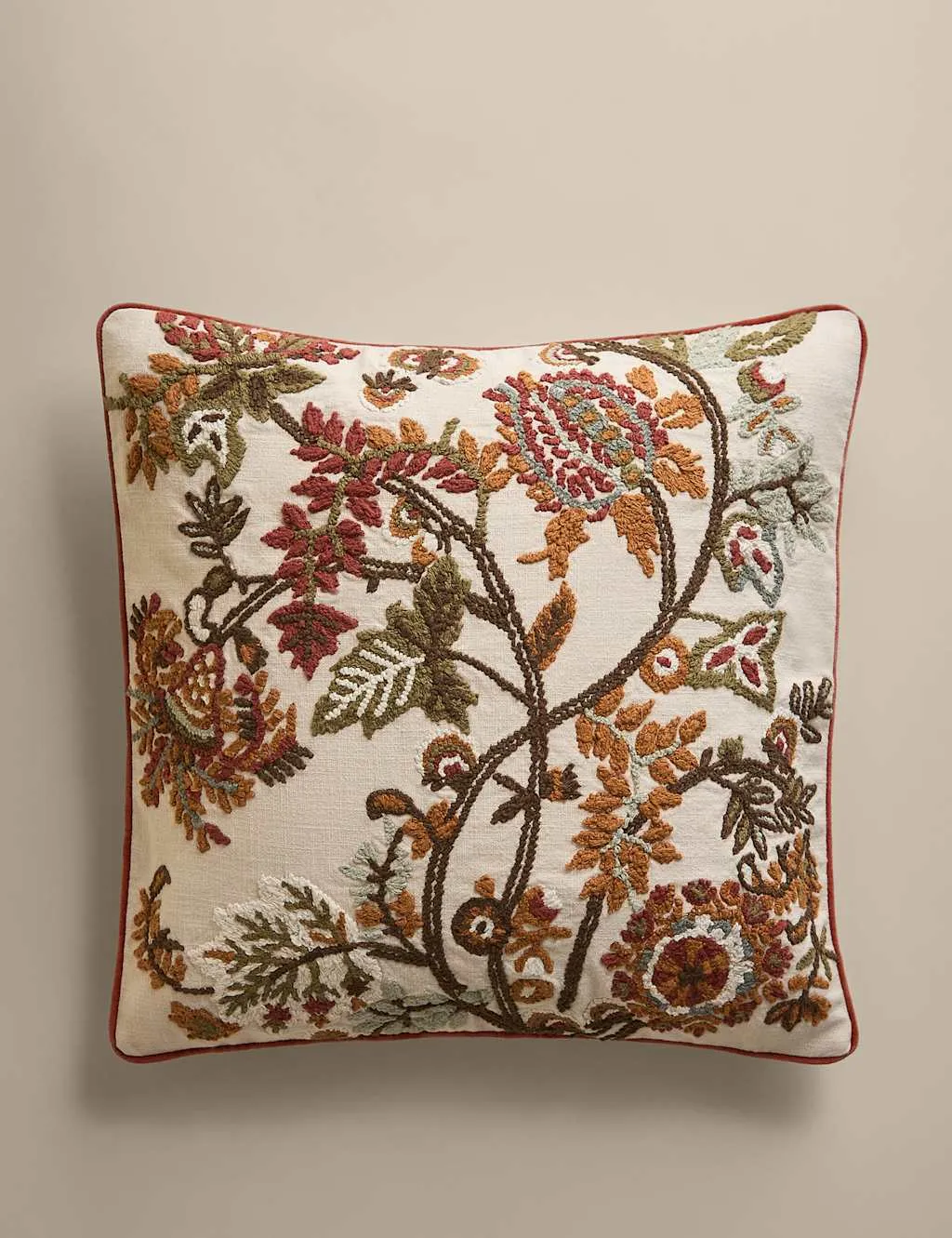 M&S Pure Cotton Floral Embroidered Cushion Ecru
