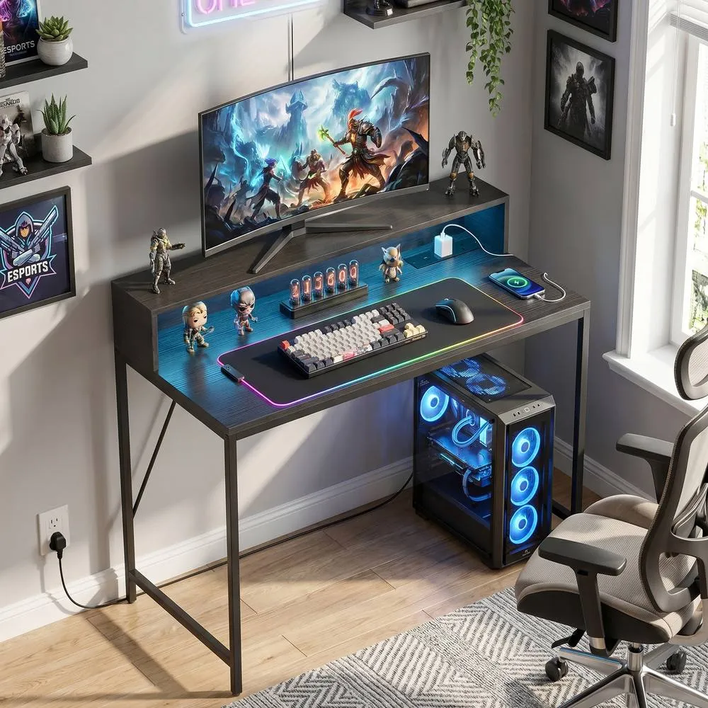 HOMCOM Gaming Desk with LED Lights & Power Outlets, Black Wood-Effect