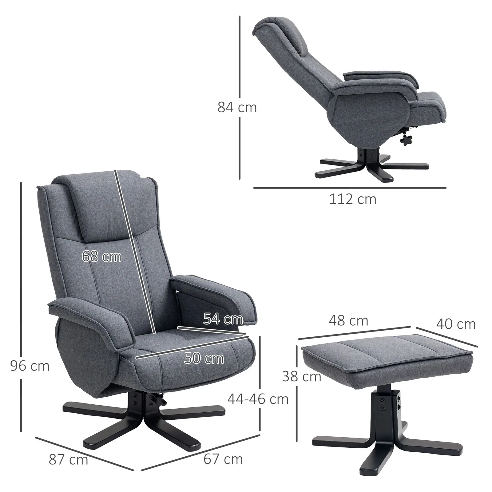 HOMCOM Swivel Recliner Chair with Footstool, Linen Upholstered in Charcoal 3