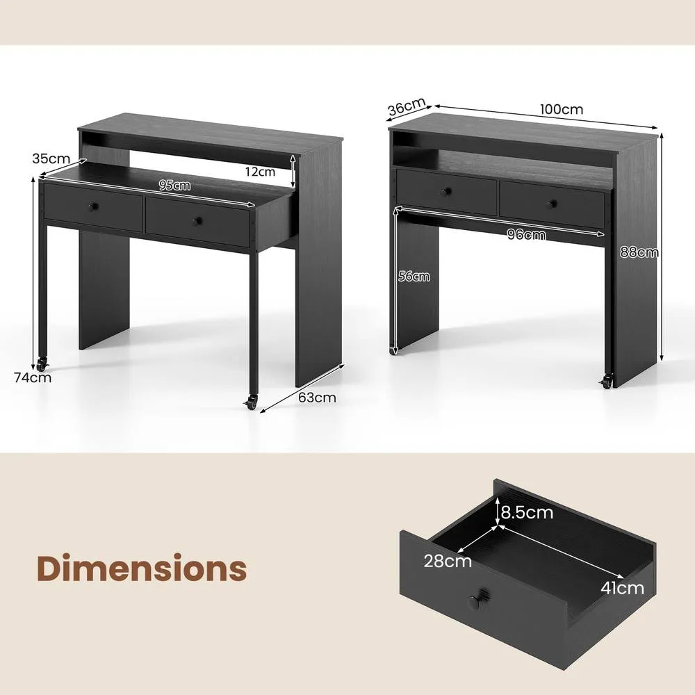Costway Extendable Computer Desk Convertible Home Office Desk w/ Drawers in Black 2