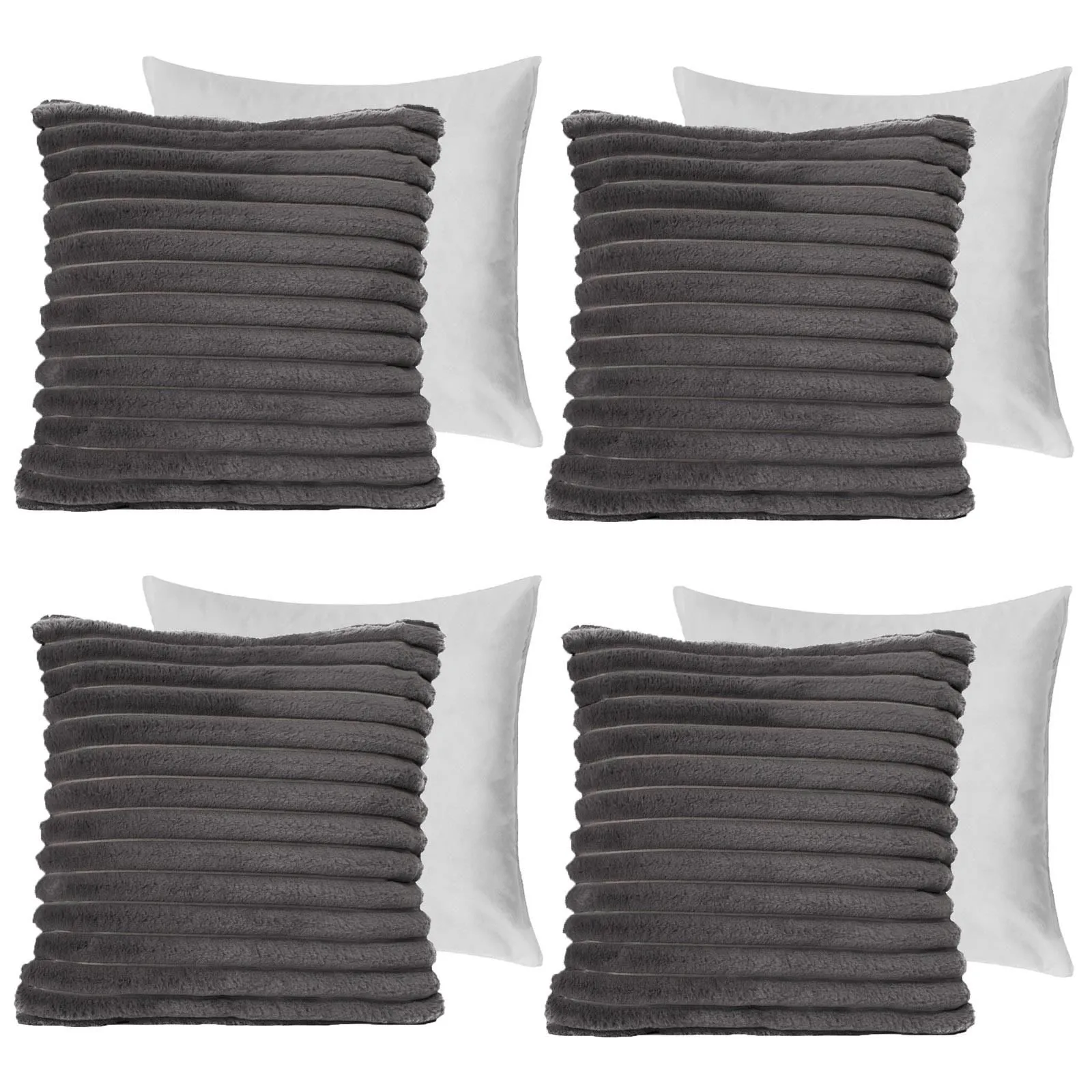 OHS 4 x Faux Fur Thick Rib Filled Cushion Covers in Charcoal