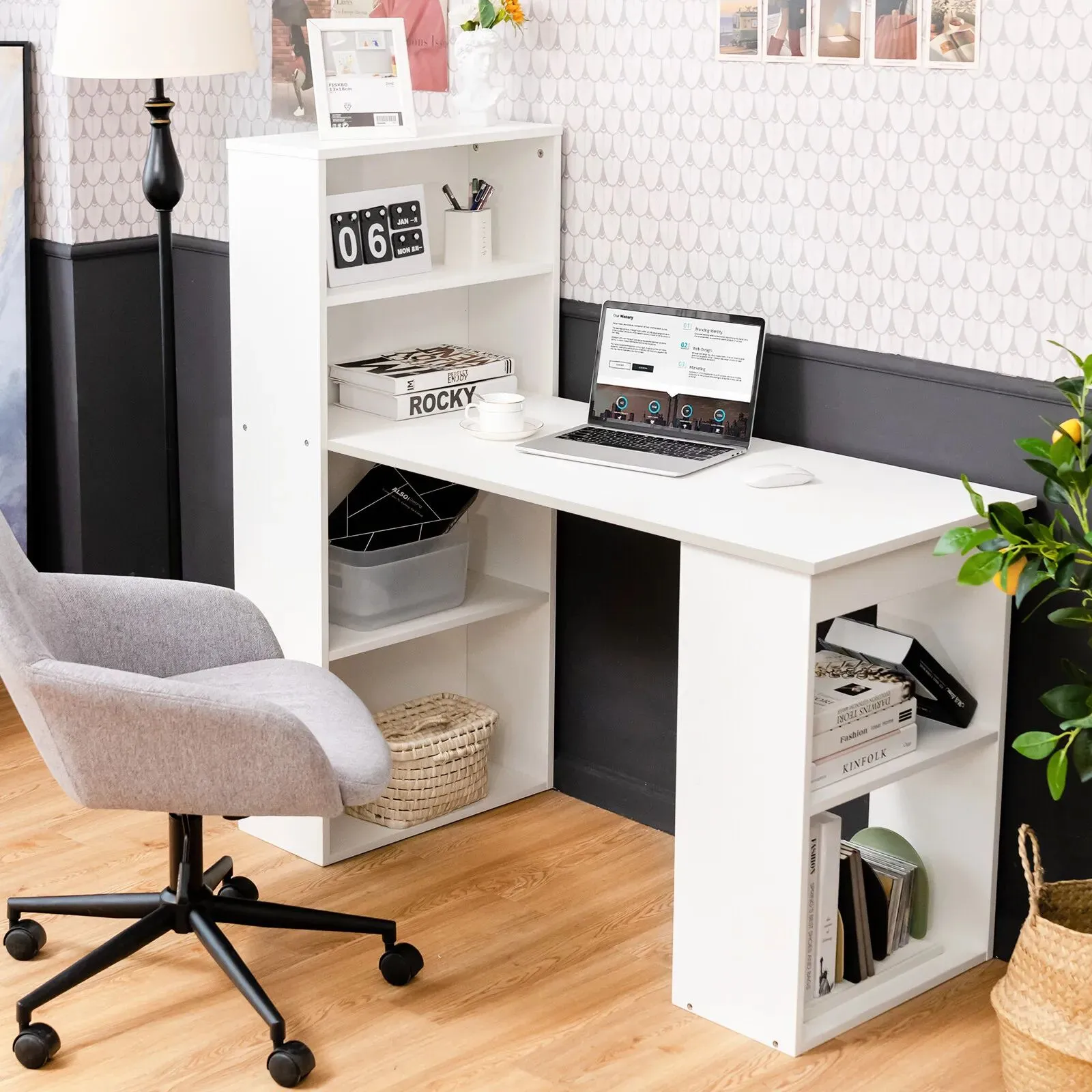 Costway Computer Writing Desk w/ Bookcase 6-tier Shelves Reversible Home Office Dorm in White 2