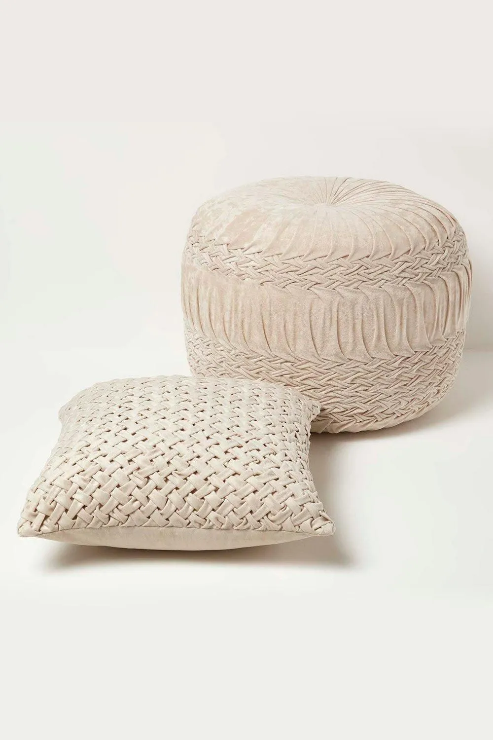 Homescapes Sofia Pleated Velvet Cushion in Cream 6