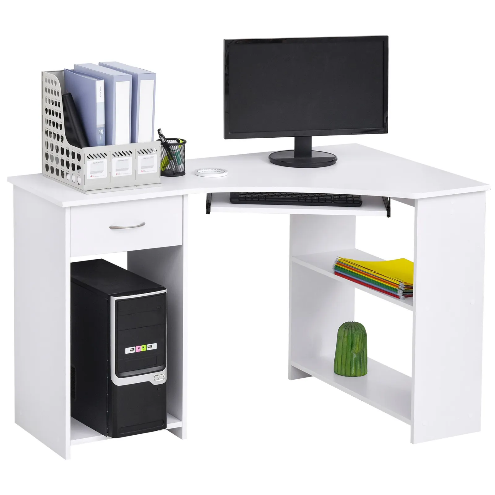 HOMCOM L-Shaped Corner Computer Desk w/ 2 Shelves Worktop Keyboard Tray in White 2