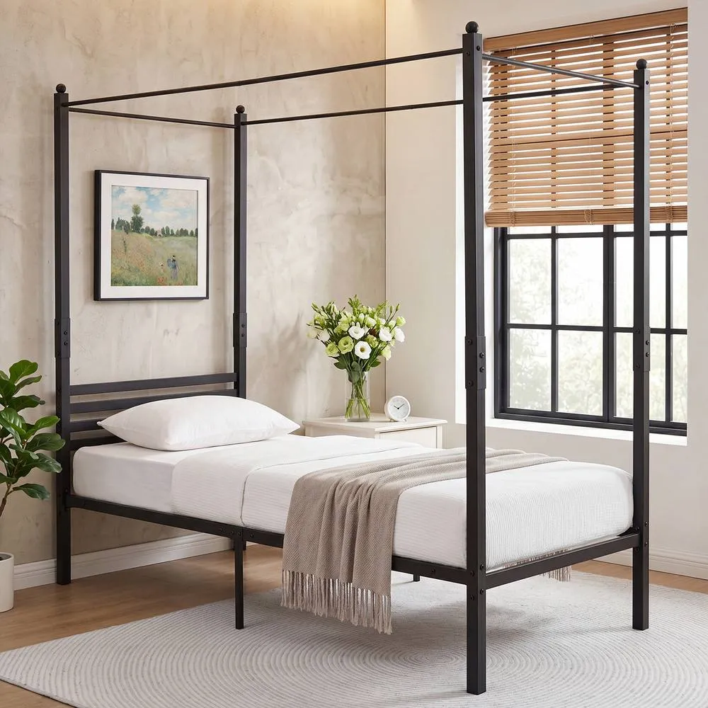 Costway Single Size Canopy Bed Frame 200x140cm Metal Platform Bed w/ Headboard in Black 3