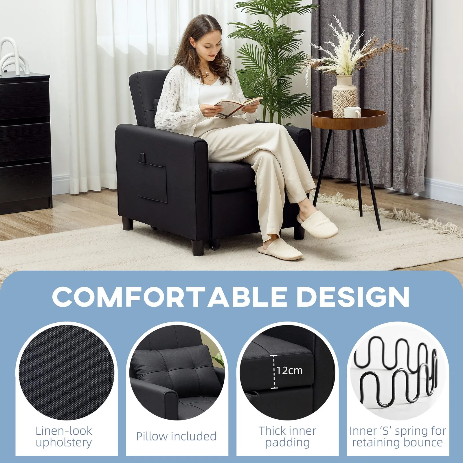 HOMCOM Folding Chair Bed, Sleeper Chair with Pillow, Side Pockets, Black 4