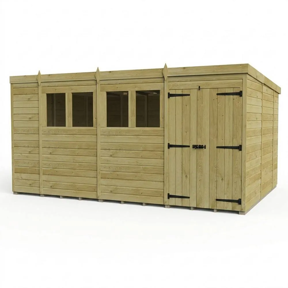 Buttercup Farm 14ft x 10ft Pent Garden Shed Double Door With Windows - Timber in Brown
