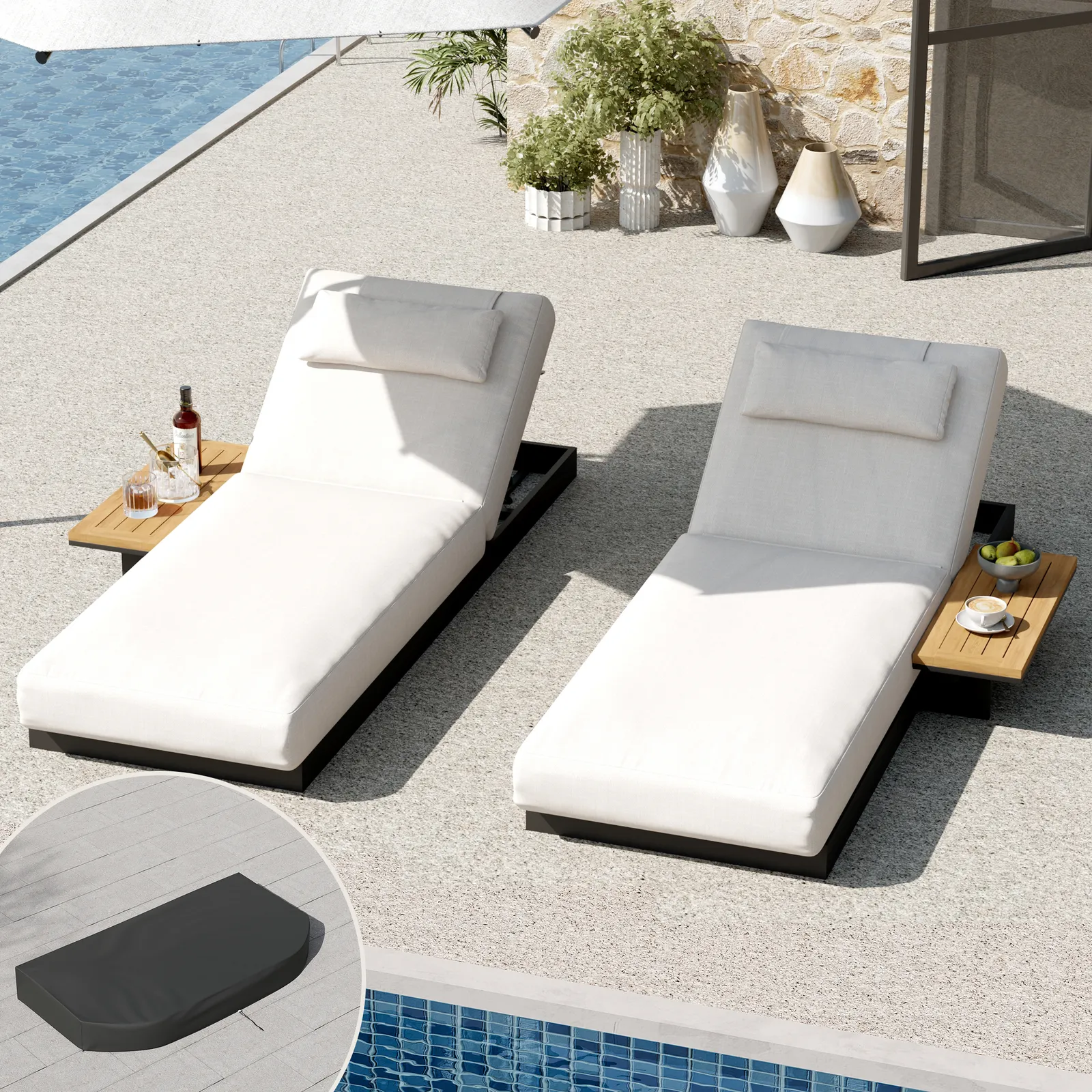 Tevara 2-Piece Outdoor Teak & Aluminium Adjustable Chaise Lounge with Black Cover