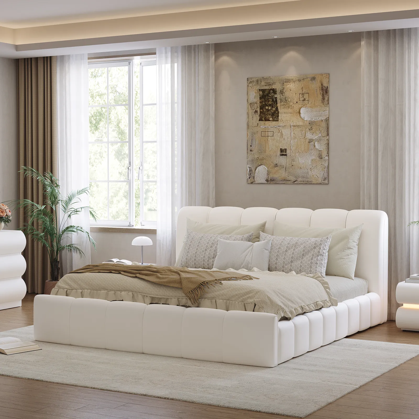 Humply Modern Leather Queen Bed Frame with Upholstered Headboard