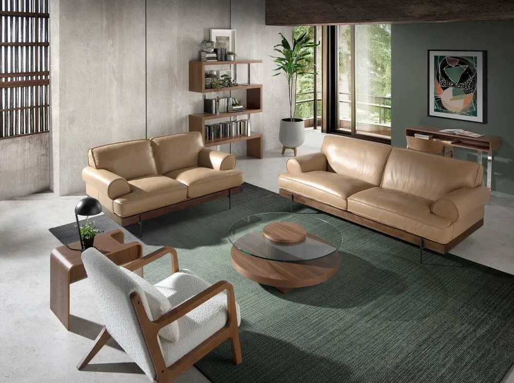 Angel Cerda Round Tempered Glass Coffee Table Walnut Veneer Legs in Brown 4