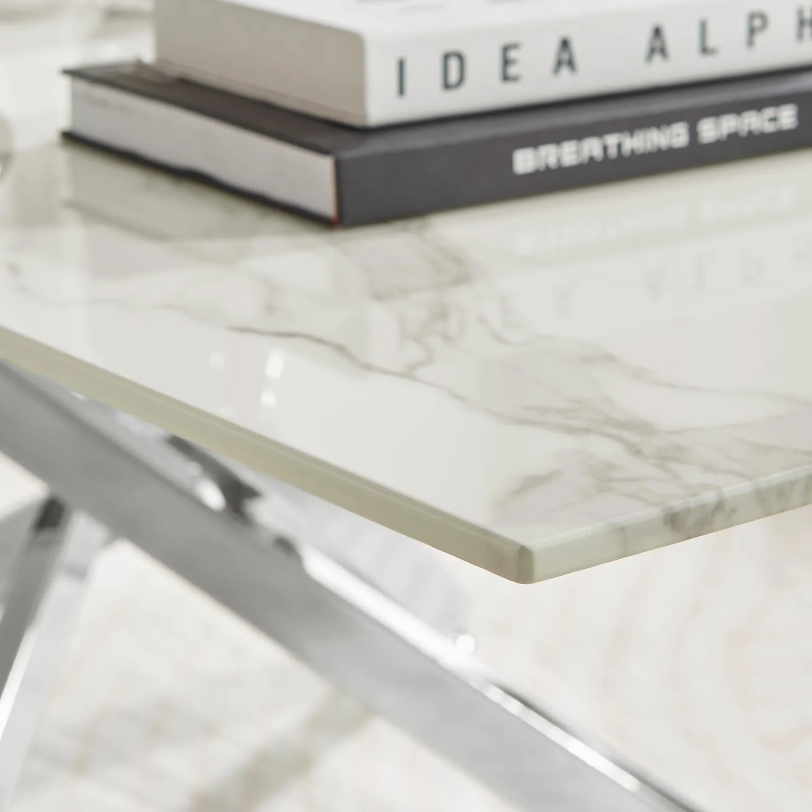 FurnitureboxUK Leonardo Rectangular Marble Effect Glass Top Coffee Table With Silver Metal Starburst Legs in White 3