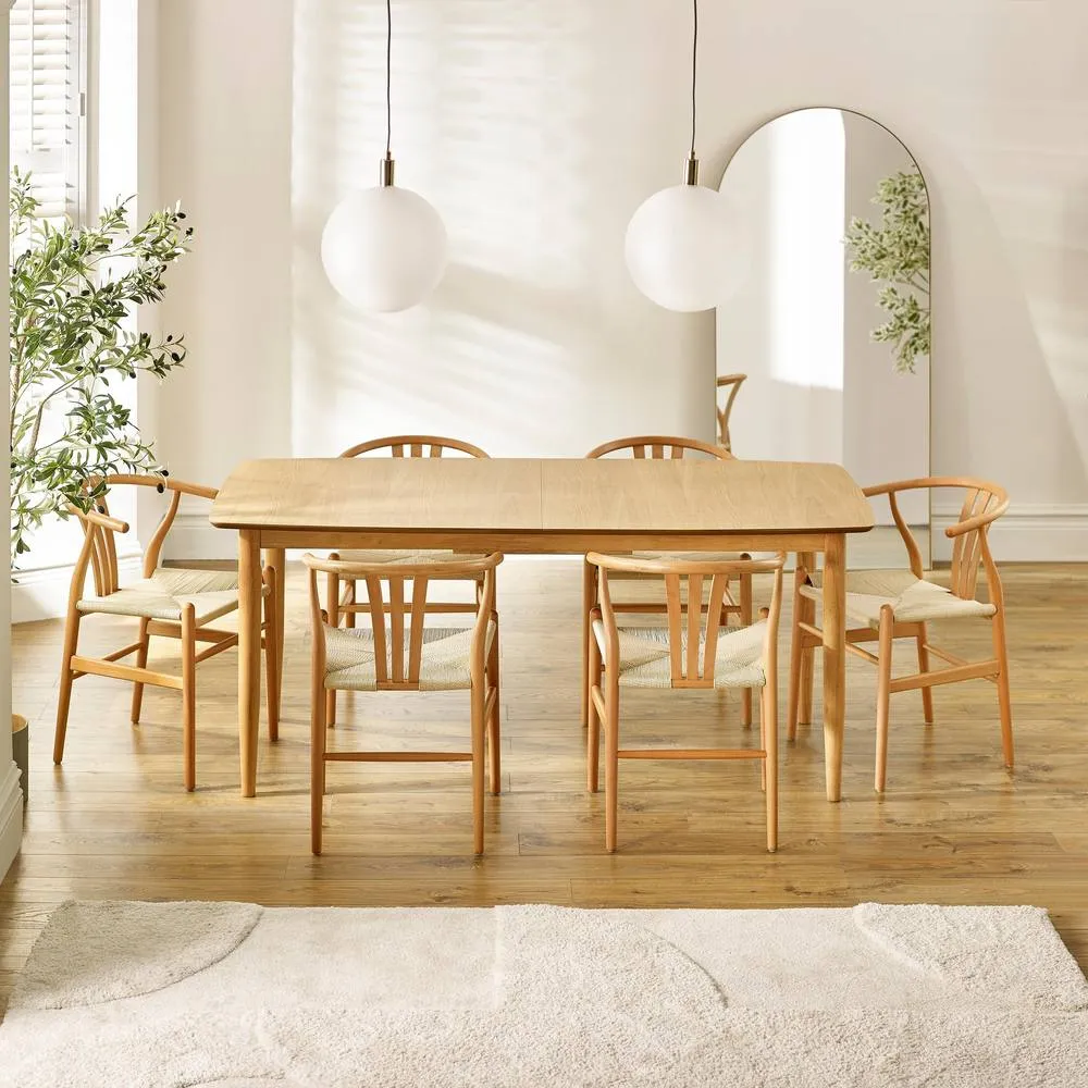 FurnitureboxUK Leif Oak Effect Wood Extending Table & 6 Caia Wishbone Dining Chairs in Brown 2