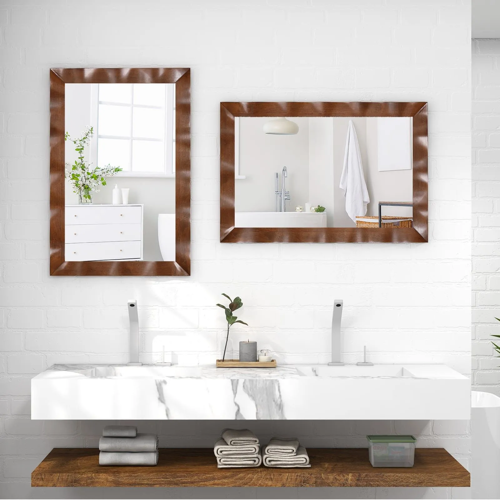 Costway Farmhouse Wall Mirror 106CM x71CM Wood Vanity Wall Mirror-Brown in Brown 5