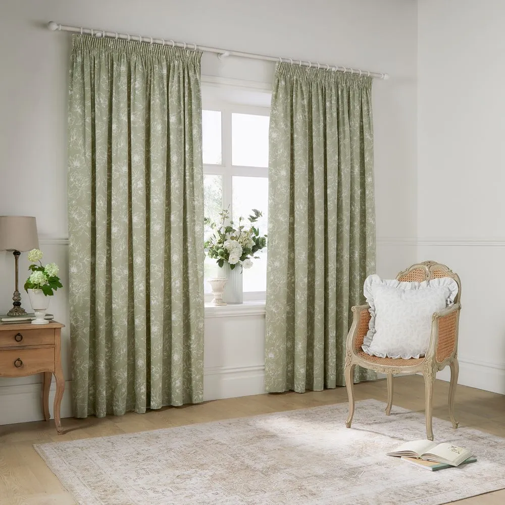 Wylder Bella Floral 100% Cotton Pencil Pleat Curtain Pair in Green 2