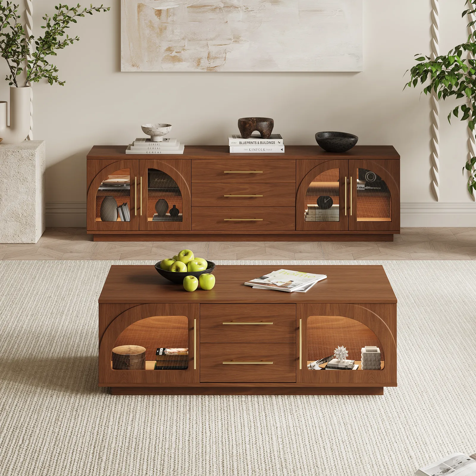 Arune 1829 mm Mid Century Modern Walnut TV Stand Coffee Table Set with LED Lights and Arched Glass Cabinet Doors