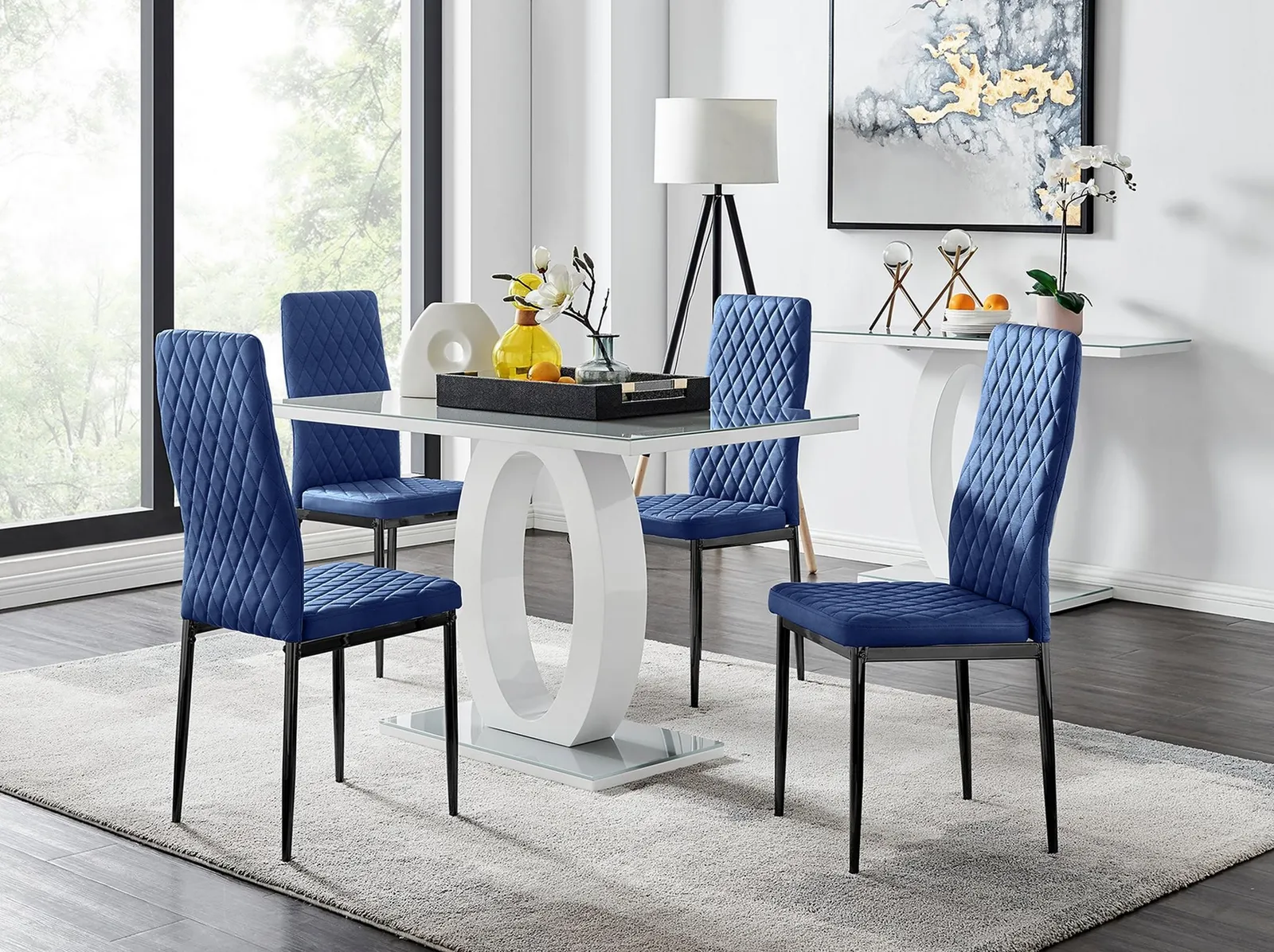 FurnitureboxUK Giovani 4 Grey Dining Table & 4 Velvet Milan Black Leg Chairs in Navy 1
