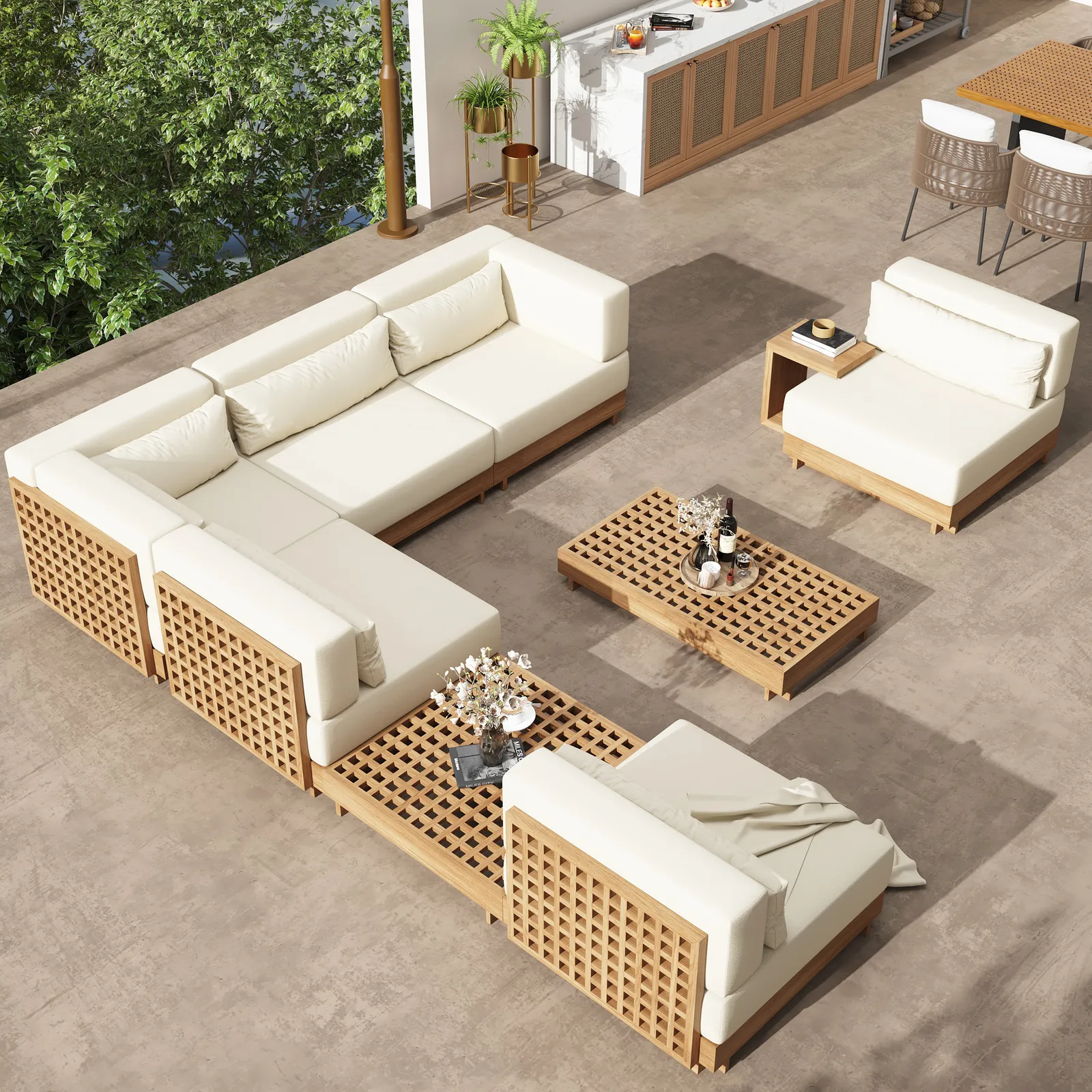 9-Pieces Versatile Whole Teak Luxury Modular L-Shaped Garden Patio Sectional Sofa Set in Beige with Coffee Table and Cushions