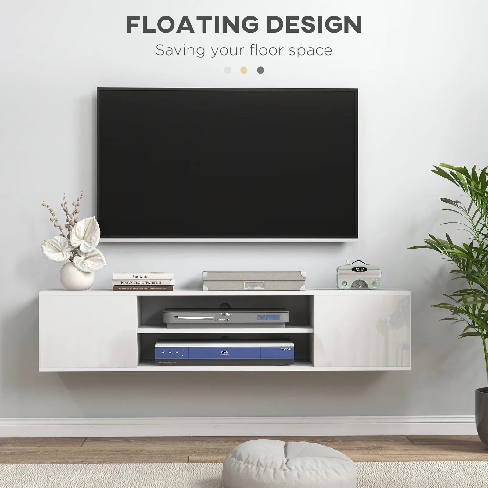 HOMCOM Floating TV Stand Cabinet for 60" TVs W/ Shelves & Cabinets in White 4