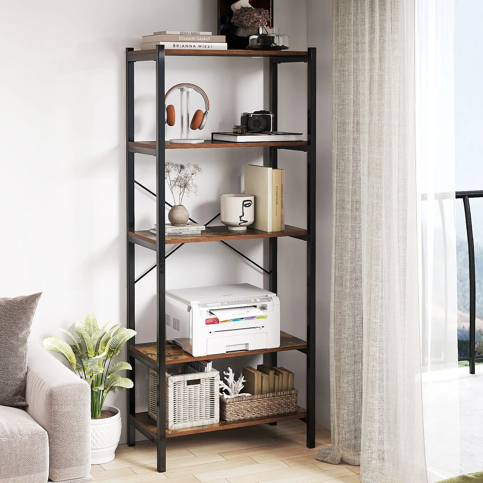Costway 5-Tier Bookshelf Bookcase Display Rack with Metal Frame-Coffee in Dark Brown 4