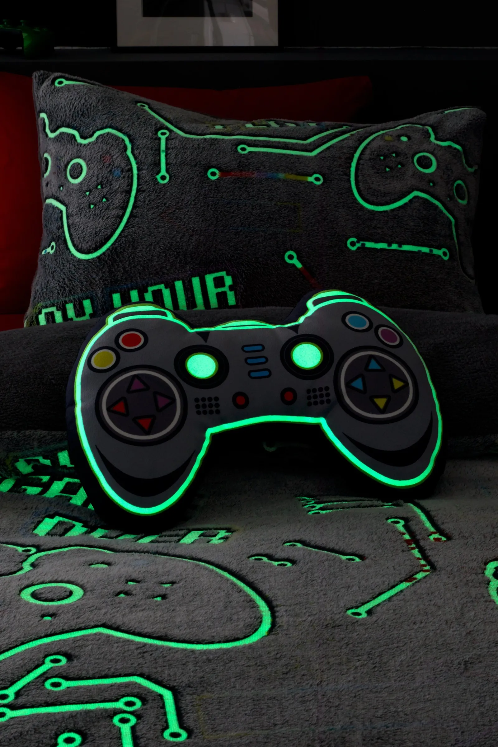 Catherine Lansfield 'Game Over' Glow in the Dark Fleece 3D Shaped Cushion in Black 2