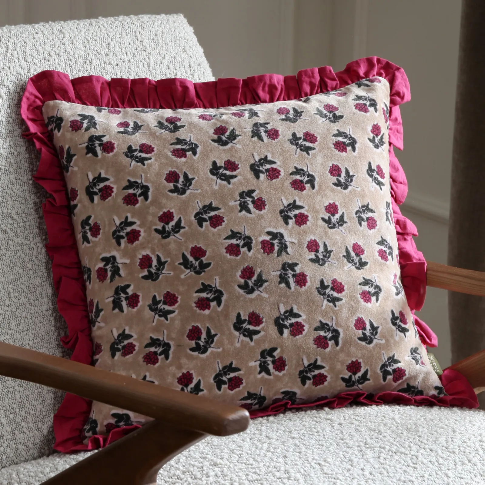 Paoletti Kemble Floral 100% Cotton Frilled Cushion in Dark Pink 1