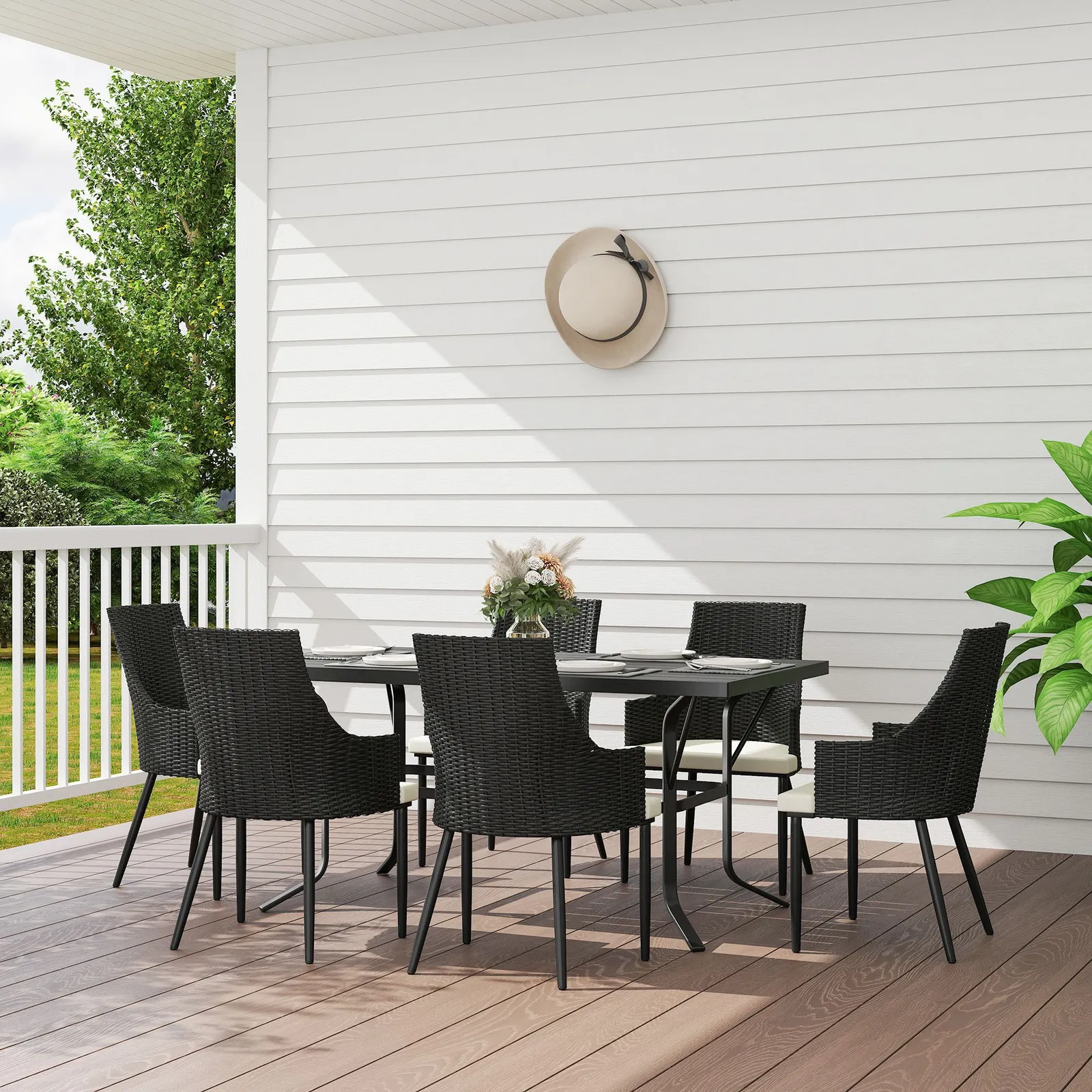 OUTSUNNY 6 Seater Garden Furniture with Cushions, Parasol Hole in Cream