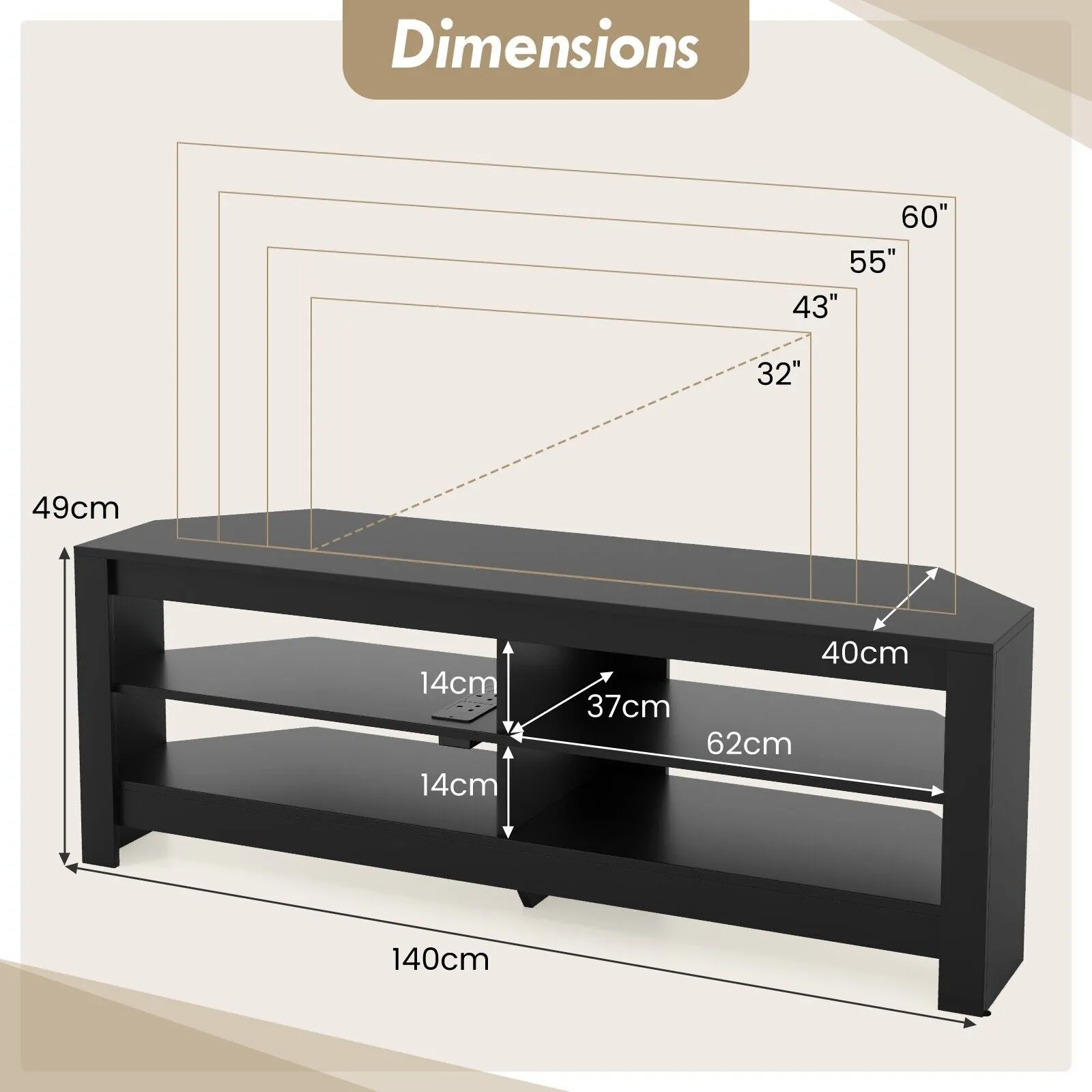 Costway Corner TV Stand with Power Outlet 3-Tier Entertainment Center for 60" TV in Black 2