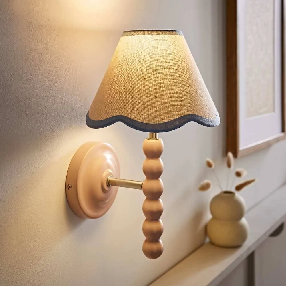 ValueLights Bobbins Pair of Pink Wall Lights with Linen Trim Lamp Shades & Bulbs in Pale Blue 3