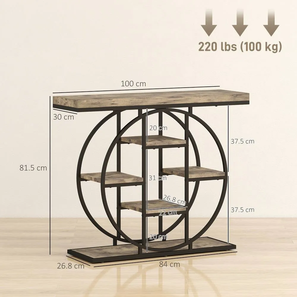 HOMCOM Industrial Console Table, Hallway Table with Storage Shelves in Brown 3