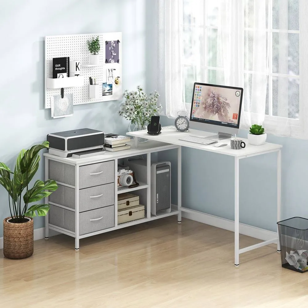 Costway L Shaped Computer Desk Convertible Home Office Table with Drawers in White 3