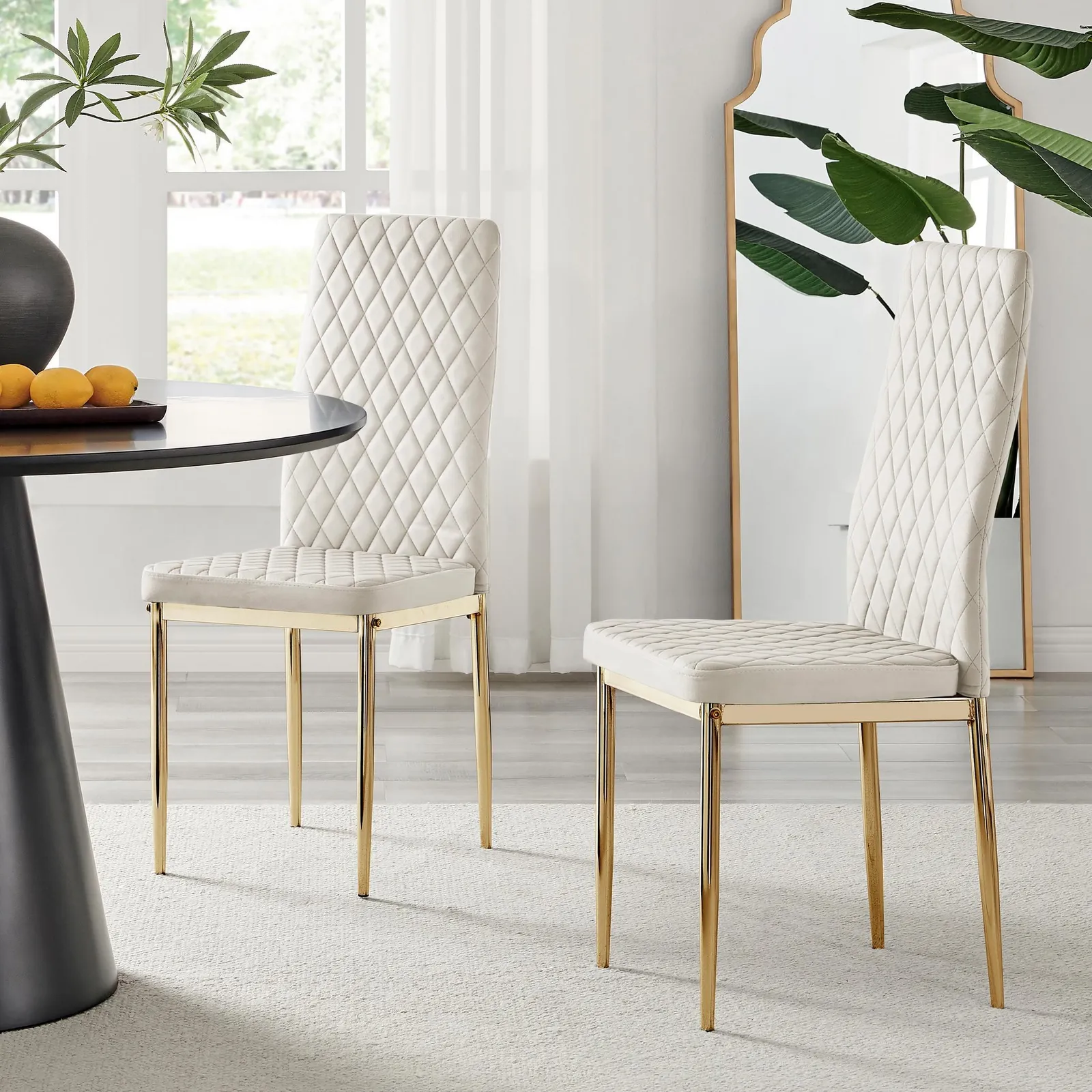 FurnitureboxUK Set of 4 Milan High Back Soft Touch Diamond Pattern Velvet Dining Chairs With Gold Chrome Metal Legs in Cream