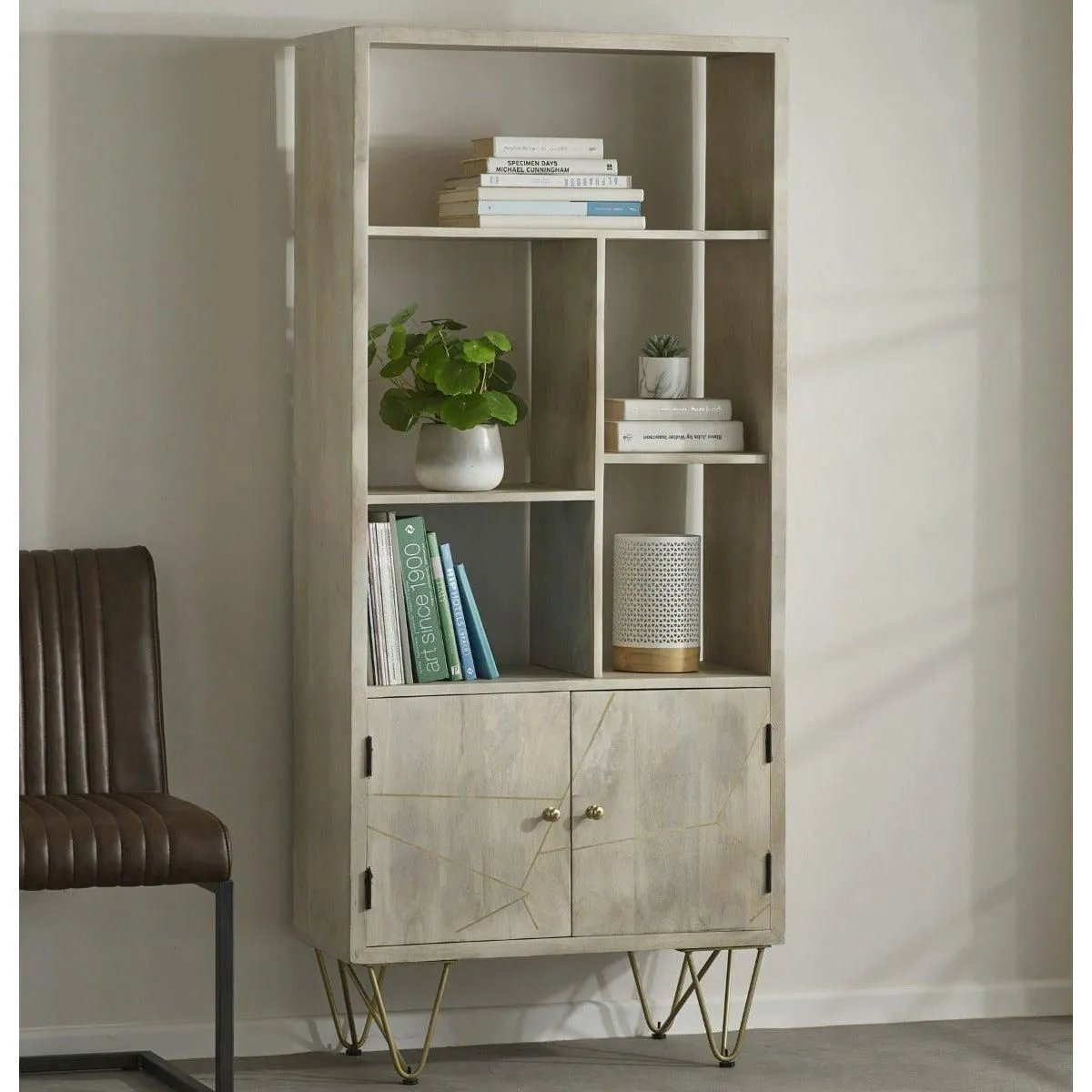 IH Design Multi shelf bookcase with Doors Deiondre Light Mango in Brown