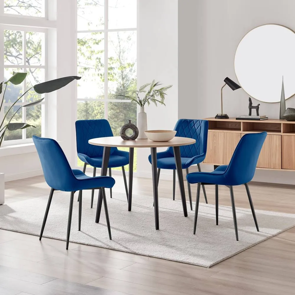FurnitureboxUK Koko Oak Effect Round Dining Table & 4 Navy Pesaro Black Leg Chairs