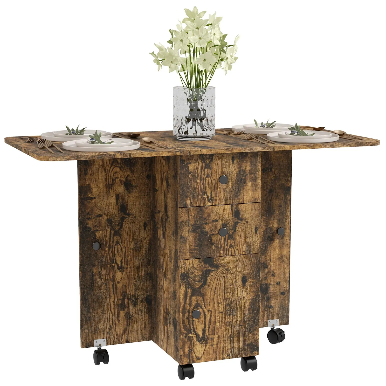 HOMCOM Folding Dining Table, Drop Leaf Table With Drawers in Brown 2