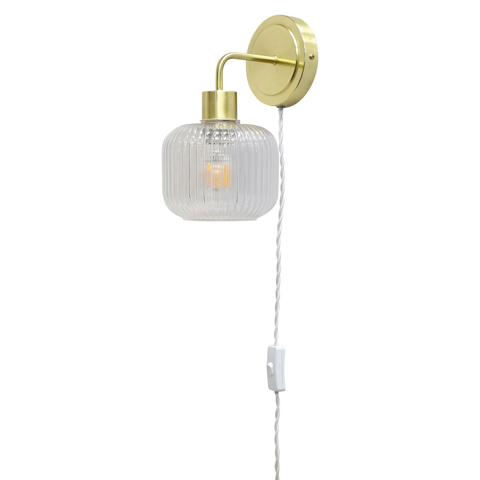 First Choice Lighting Set of 2 Toby - Satin Brass Plug in Wall Lights Ribbed Glass Shades in Gold 2