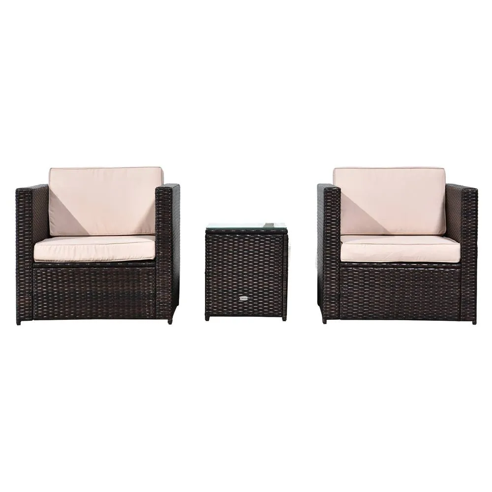 OUTSUNNY 3Pcs Patio 2 Seater Rattan Sofa Garden Furniture Set w/ Cushions in Brown 2