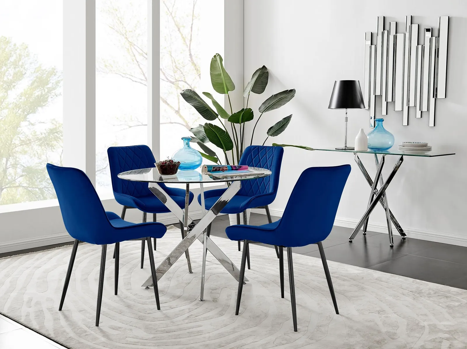 FurnitureboxUK Novara 100cm Round Dining Table & 4 Pesaro Black Leg Chairs in Navy 1