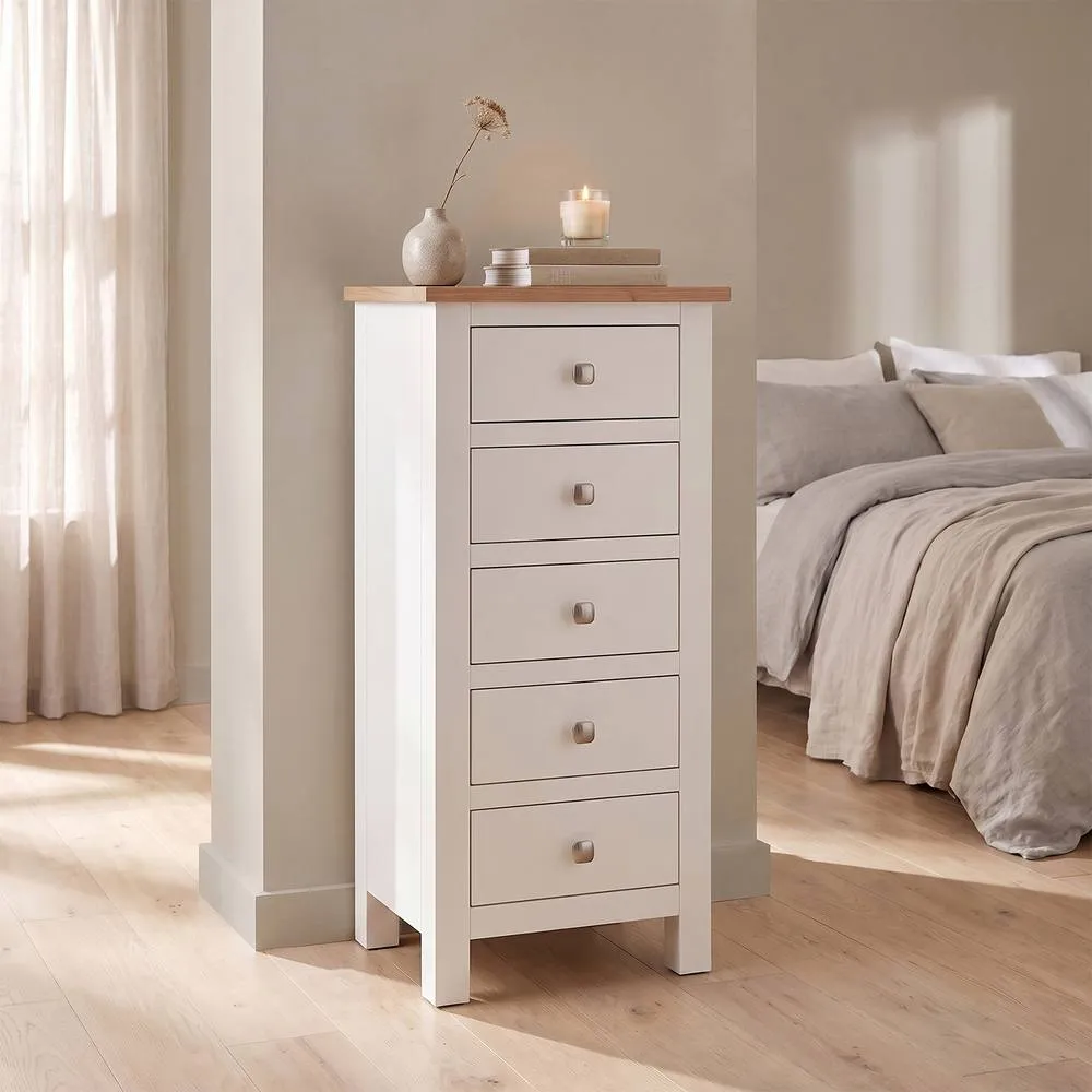 Seconique Cambridge 5 Drawer Narrow Chest - Linen/Oak (Fully assembled) in White