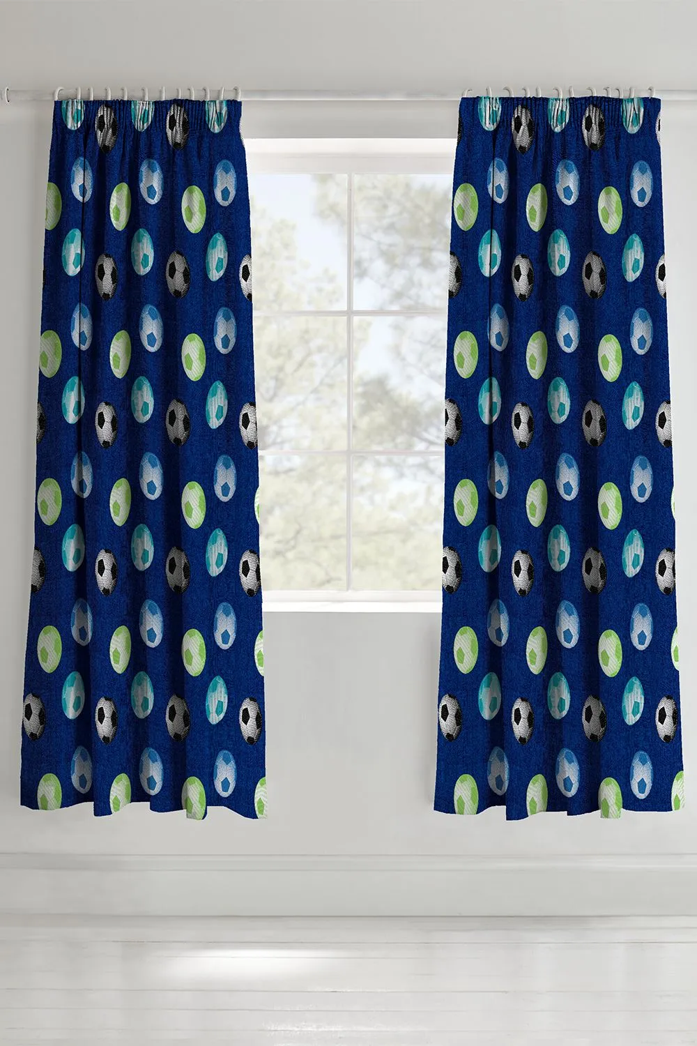 Catherine Lansfield 'Football' Pencil Pleat Lined Curtains in Blue