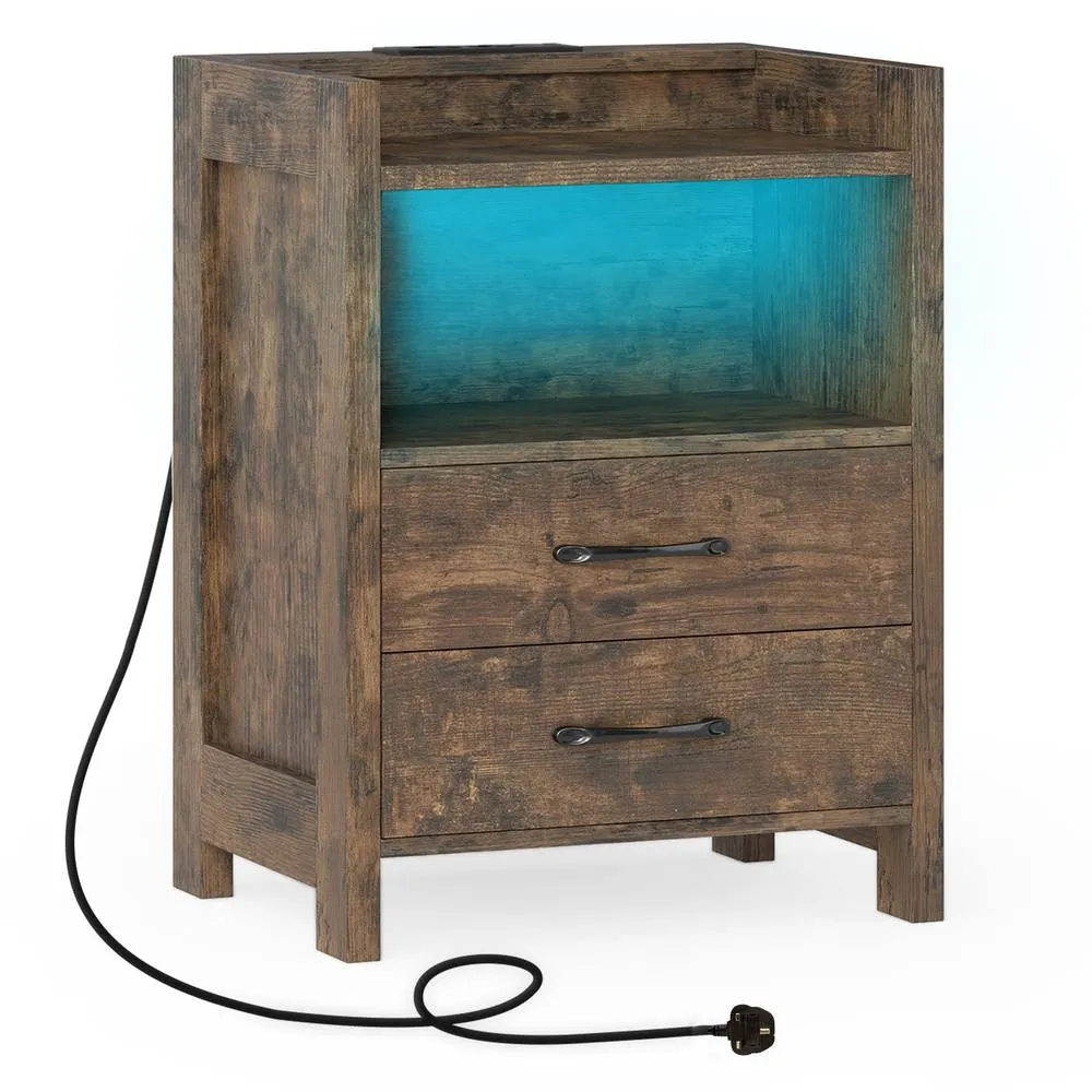 Costway LED Bedside Table with 2 Drawers Sofa Side Table with Power Outlets in Brown
