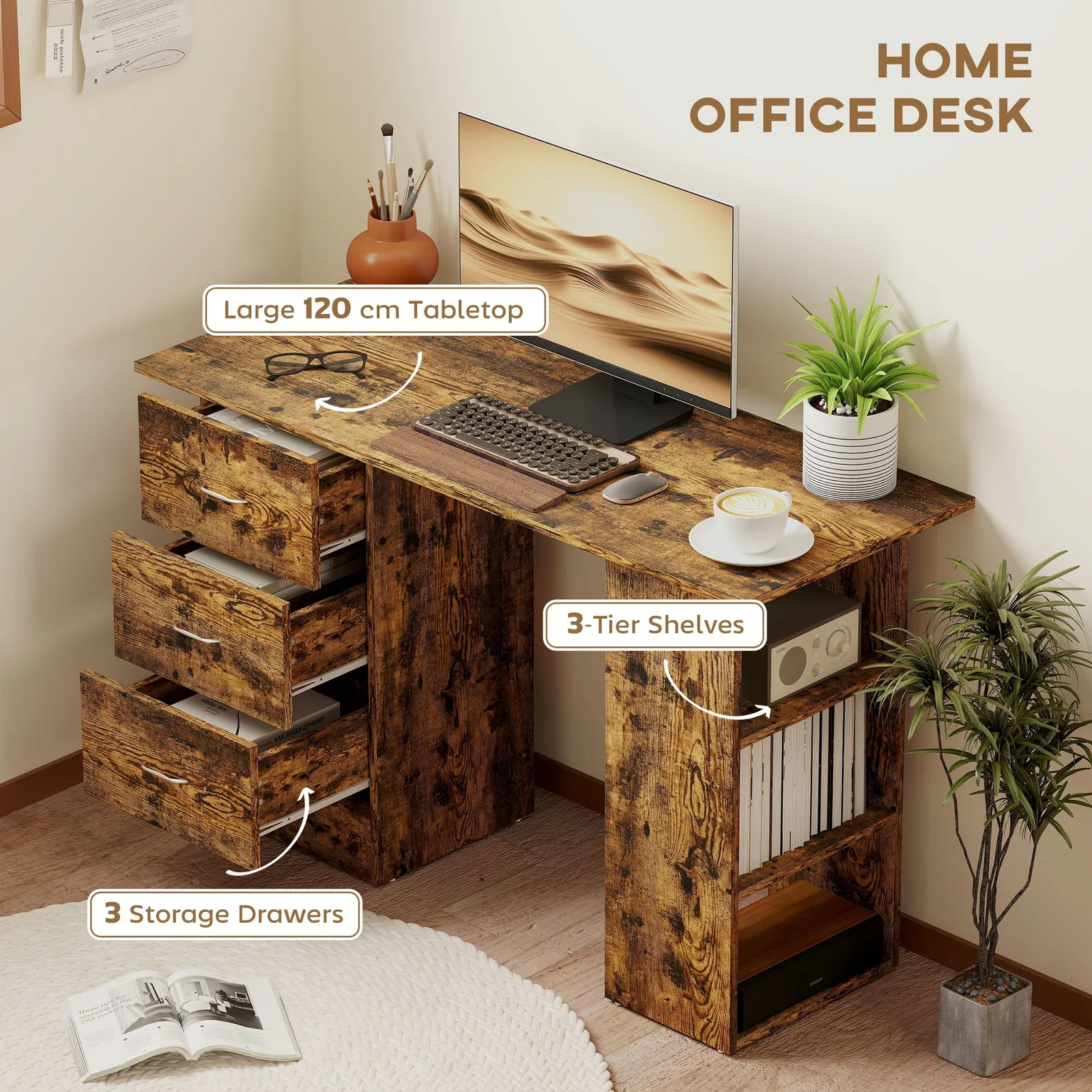 HOMCOM 120cm Computer Desk, Study Table with 3 Shelf & Drawers in Brown 4