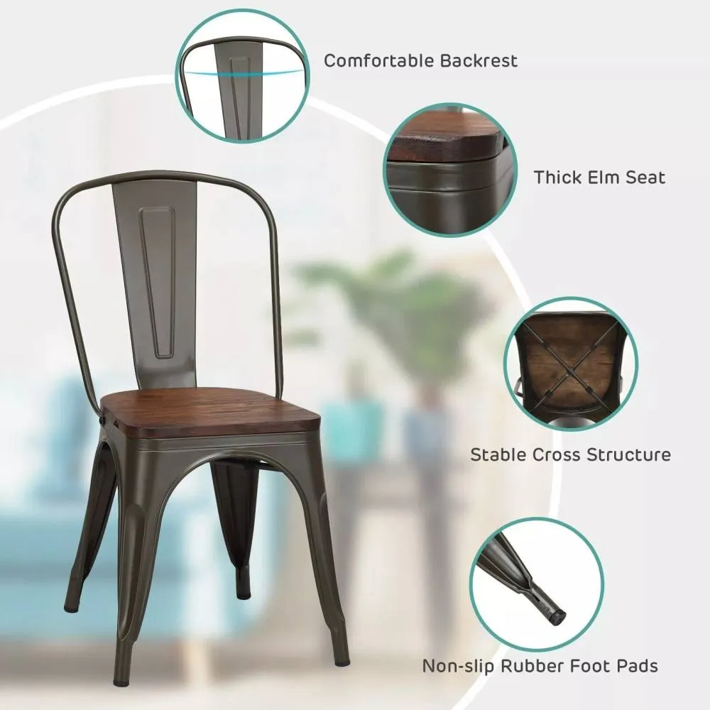 Costway Set of 4 Dining Chair Industrial Stackable Bar Stool with High Backrest in Brown 4