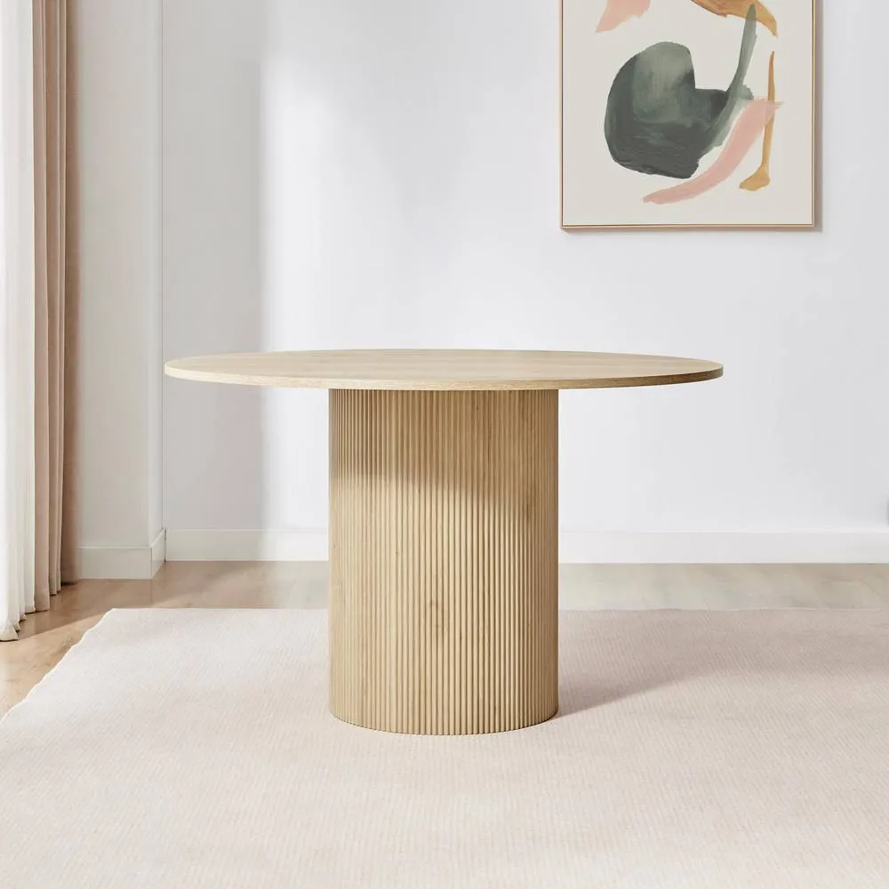 FurnitureboxUK Penrose Oak Effect Round Dining Table & 4 Tan Delta Chairs 4