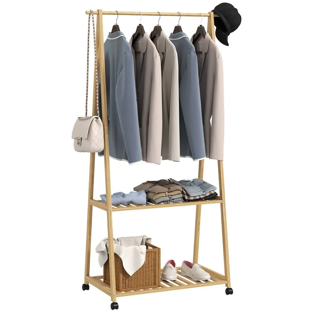 HOMCOM Bamboo Clothes Rail Rack with 2 Storage Shelves, Natural Wood Effect 2